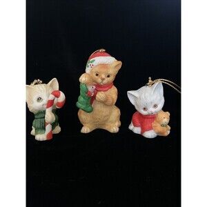 Set 3 Enesco Ceramic Kitty Cat Sitting Tabby Stripe Calico Ornaments Vtg 1986